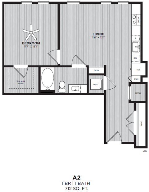 Floor plan for 1 bed, 1 bath, 712 sqft